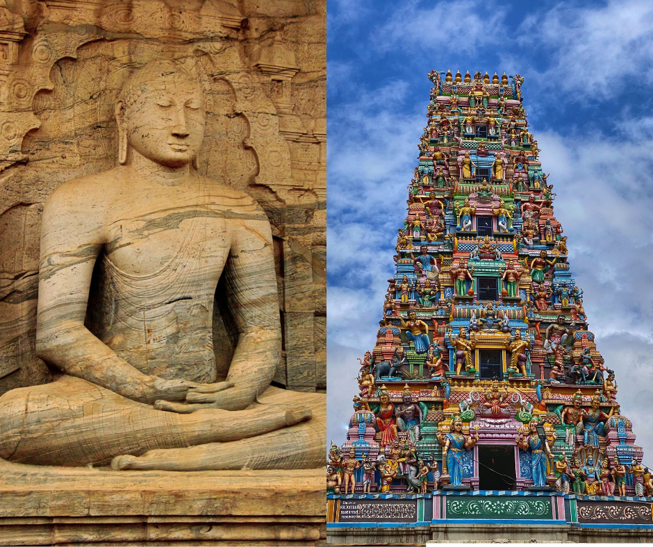 A Buddhist statue and an Hindu temple